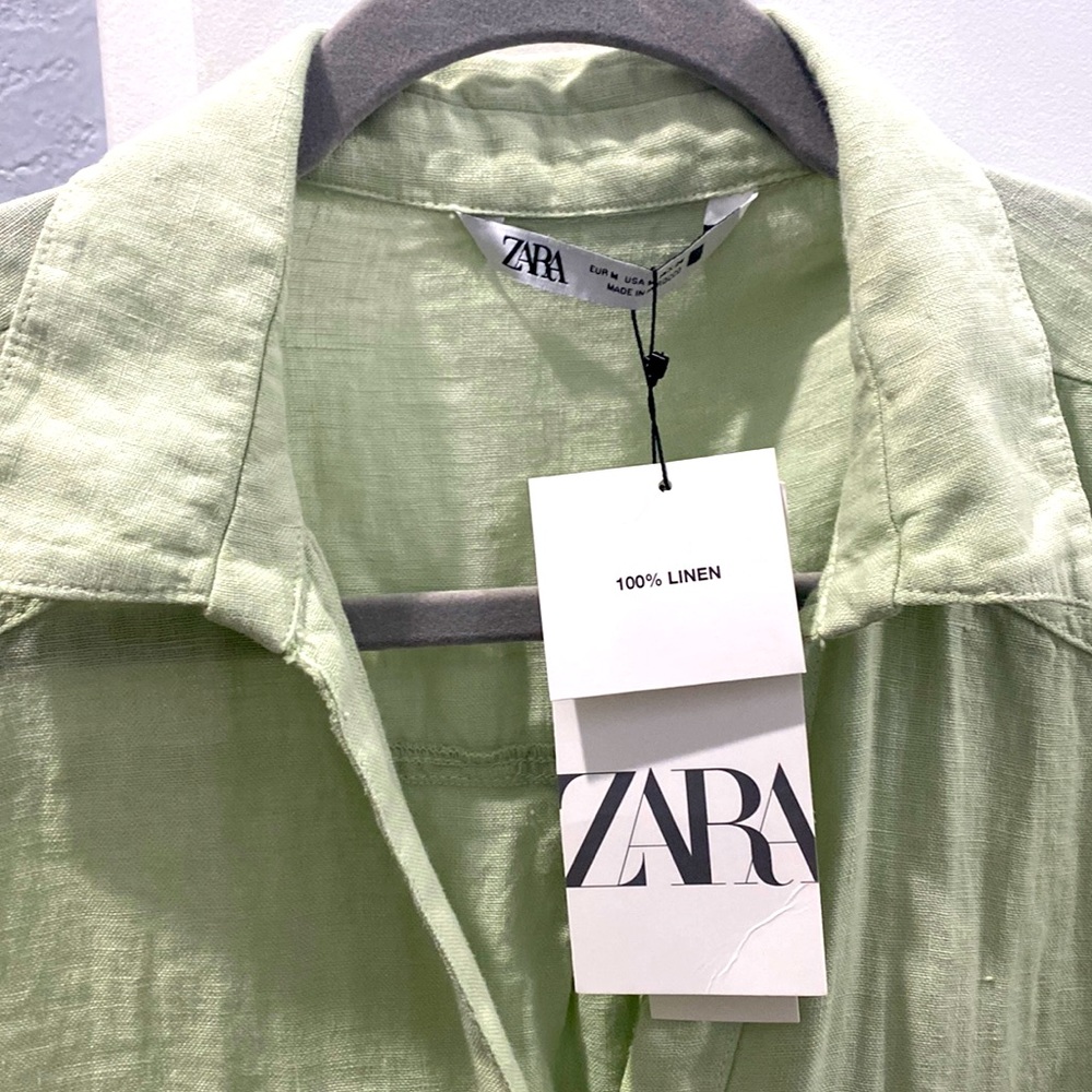NWT Zara Mint Green Linen Botton Down Blouse US Sz Med.